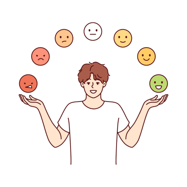 An illustration of a man wearing a white t-shirt holding his hands up with seven different emotion faces above him.